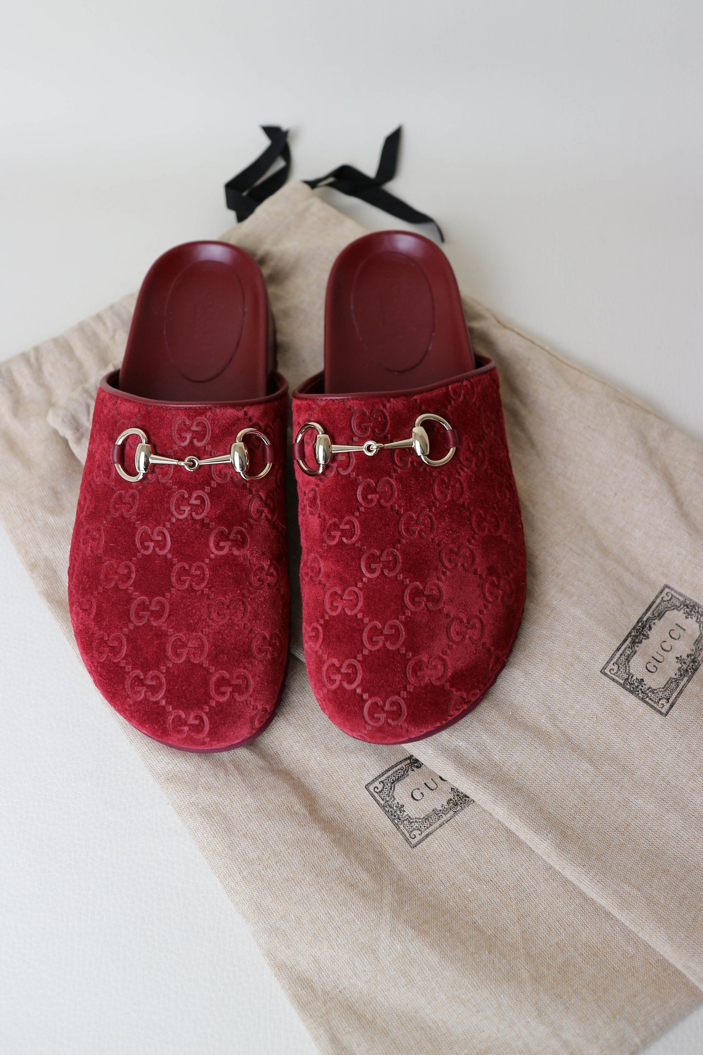 Gucci Horsebit Suede Mules Burgundy