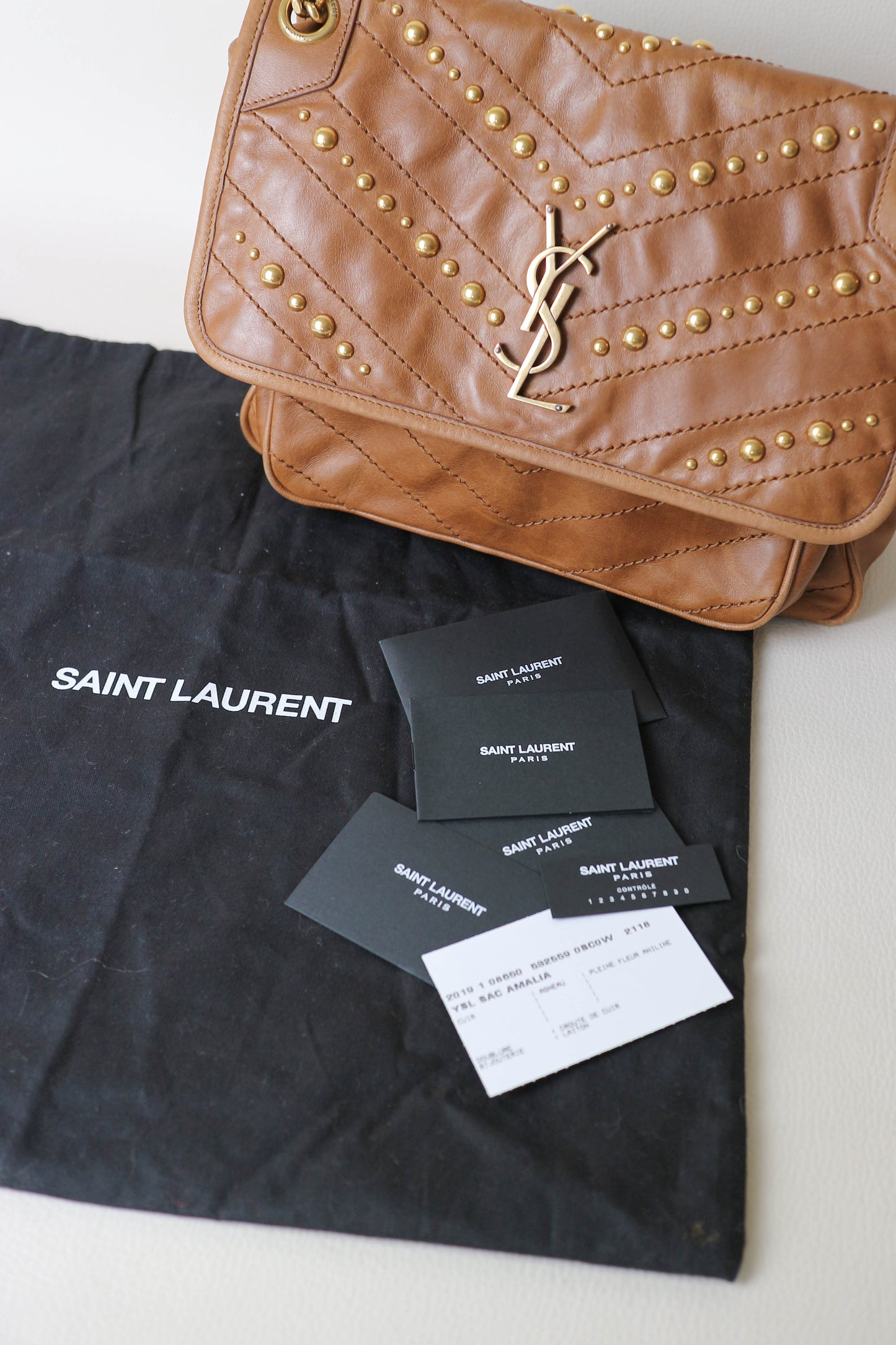 Saint Laurent Niki Studded Shoulder Bag Brown