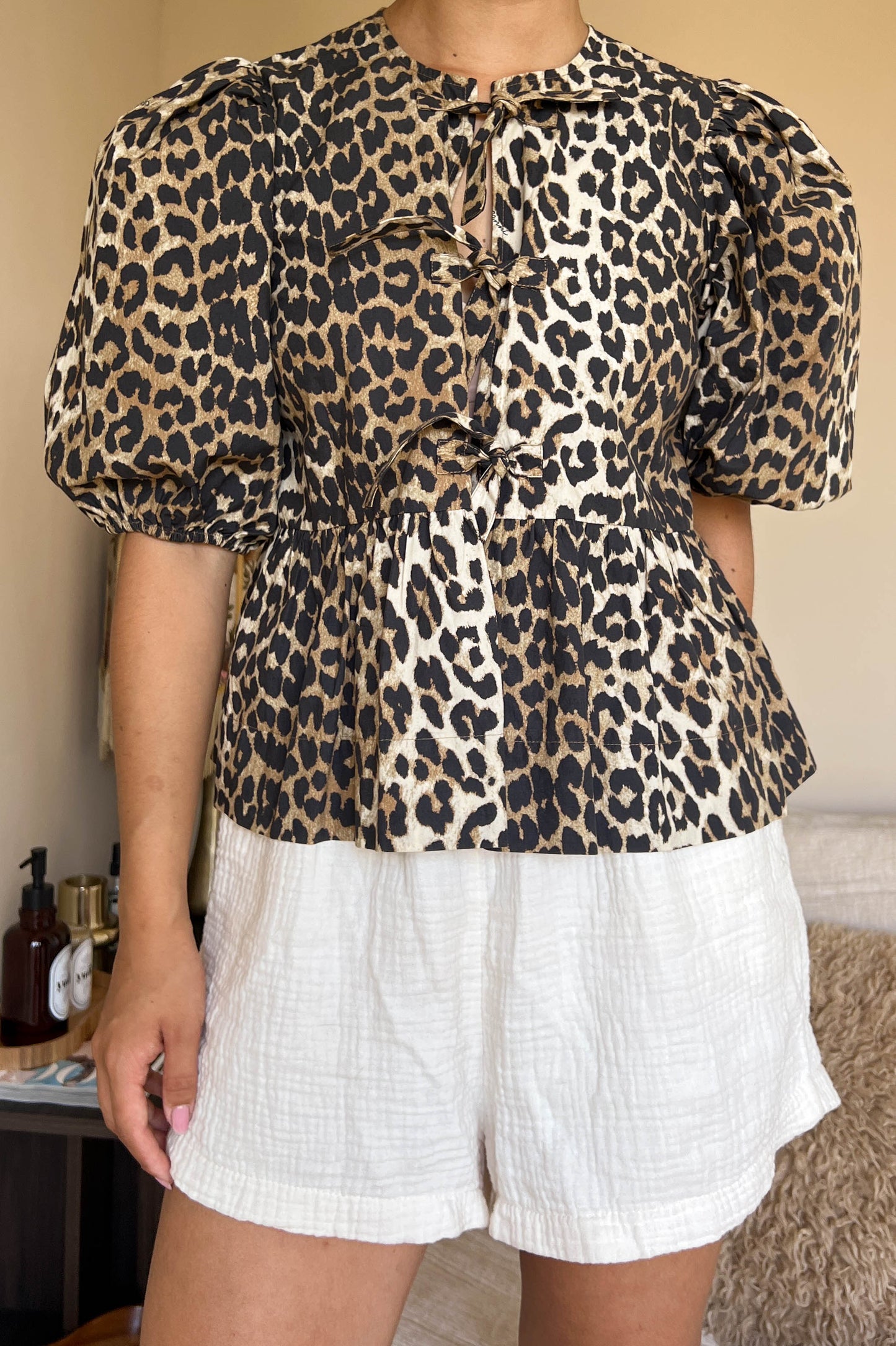 GANNI Cotton Leopard Tie Top