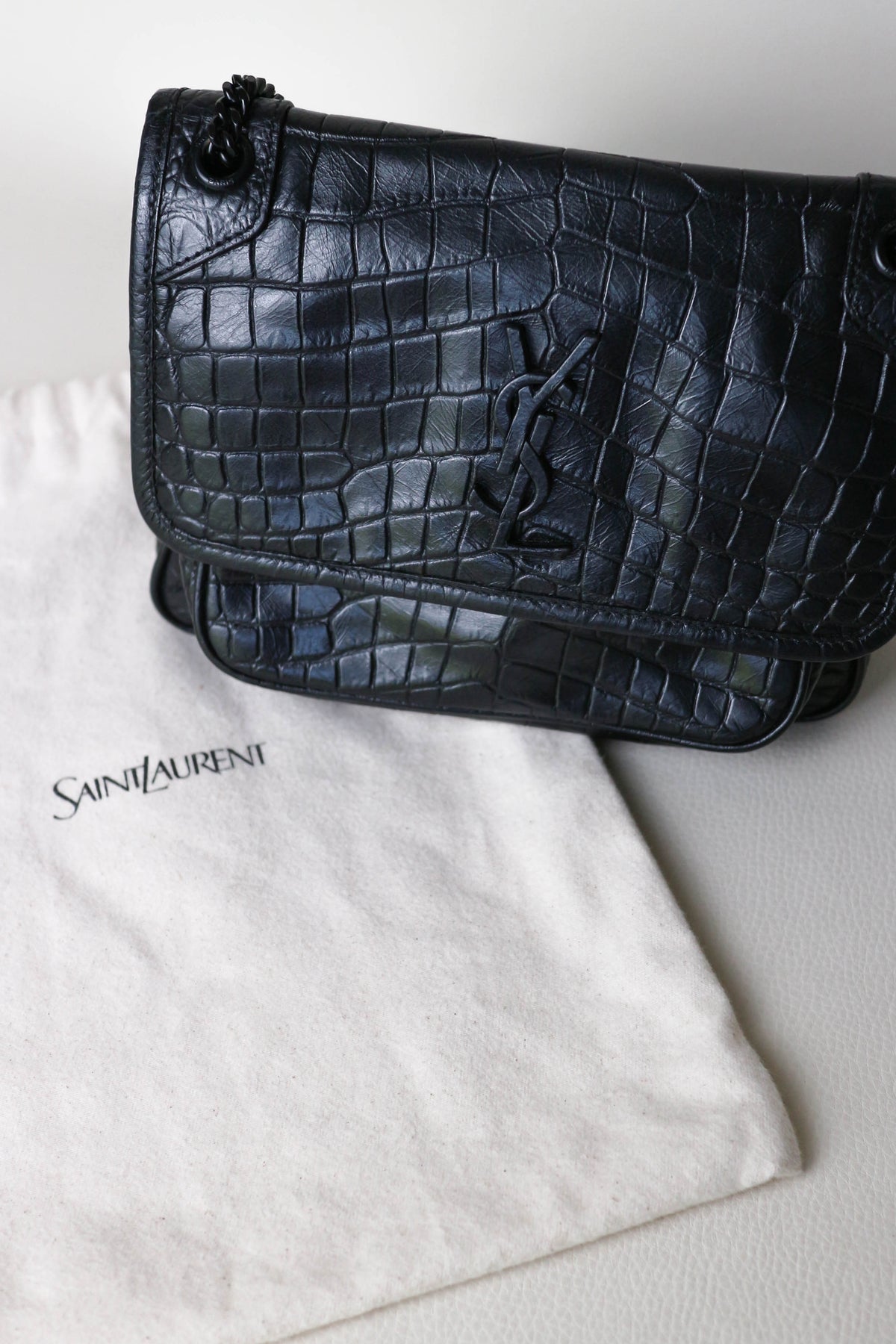 Saint Laurent Niki Croco Shoulder Bag Small Black
