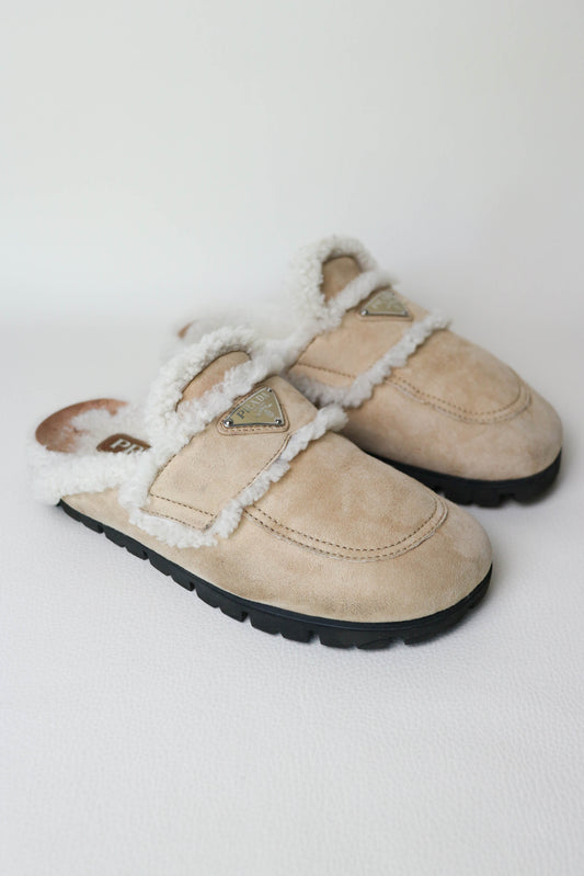 Prada Logo Shearling Mules Beige