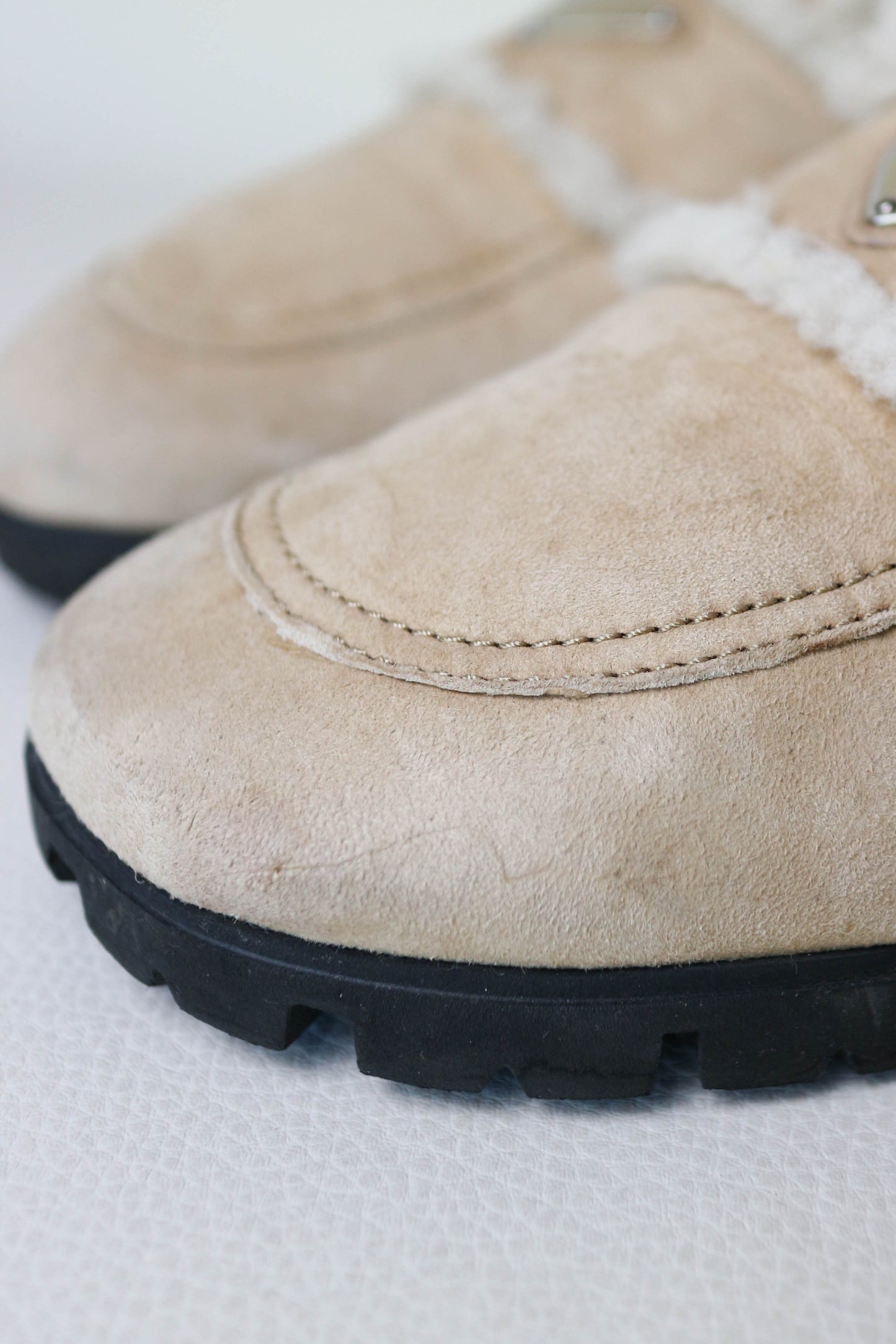 Prada Logo Shearling Mules Beige