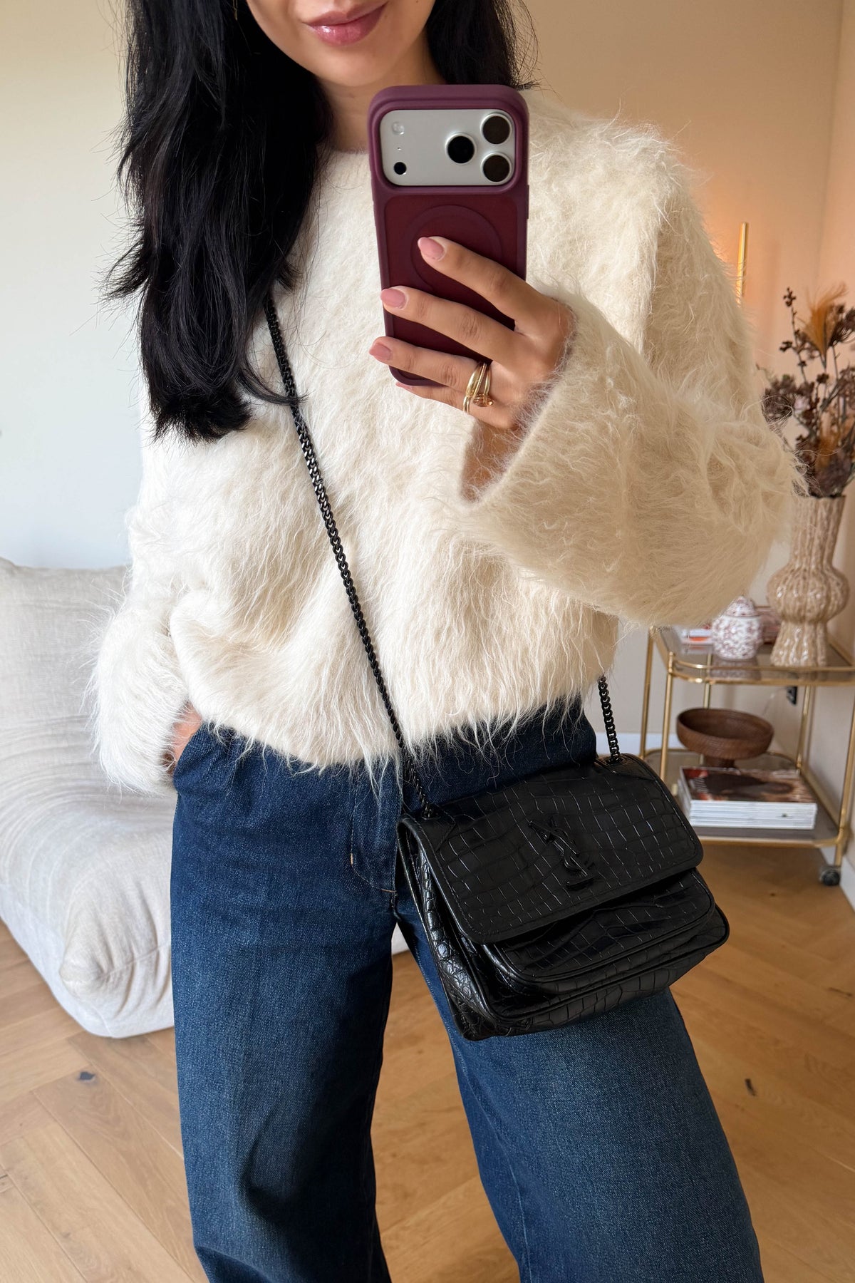 Saint Laurent Niki Croco Shoulder Bag Small Black