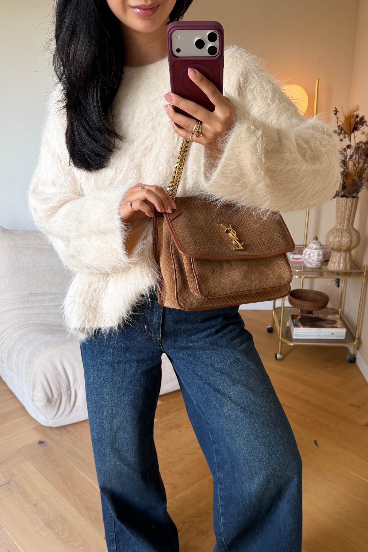 Saint Laurent Niki Suede Shoulder Bag Medium Brown