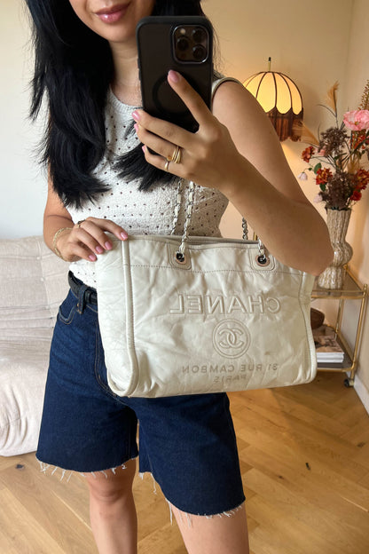 CHANEL Deauville Leather Tote Bag White