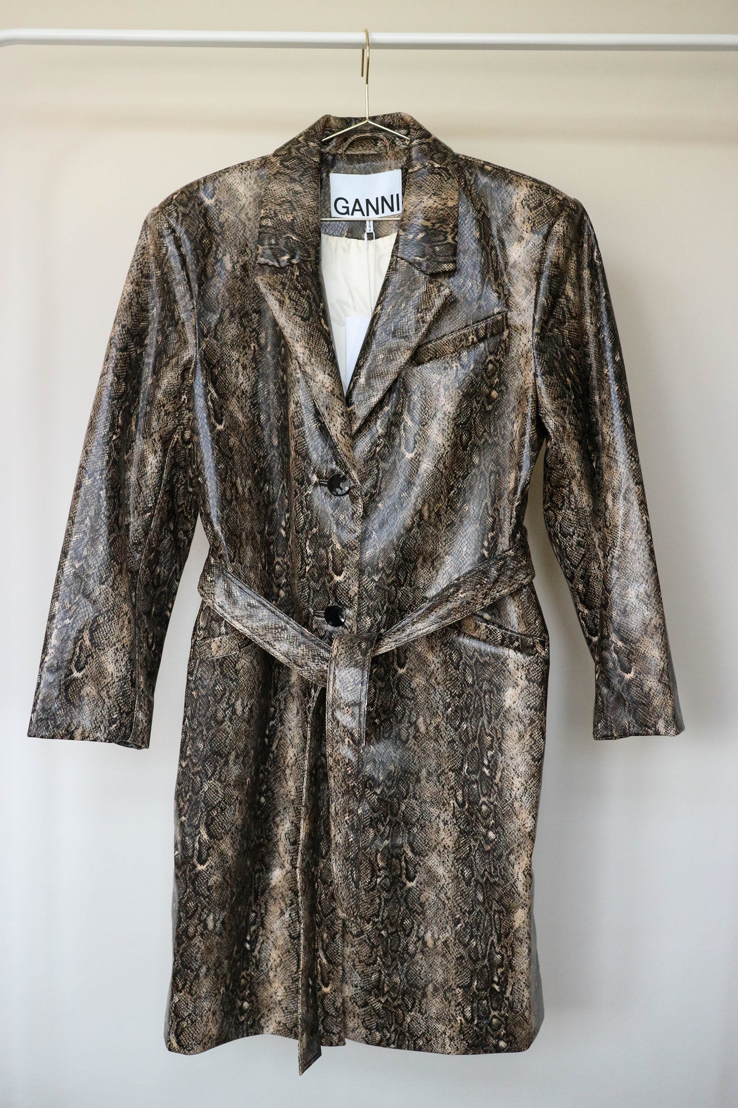 GANNI Snake Print Coat Brown