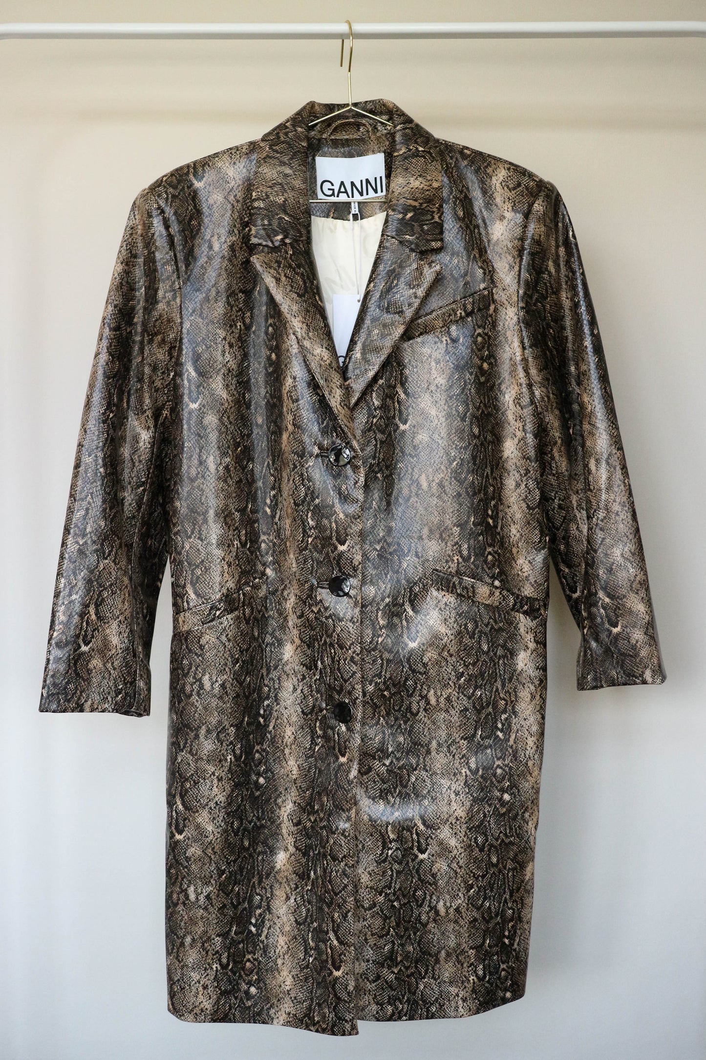 GANNI Snake Print Coat Brown