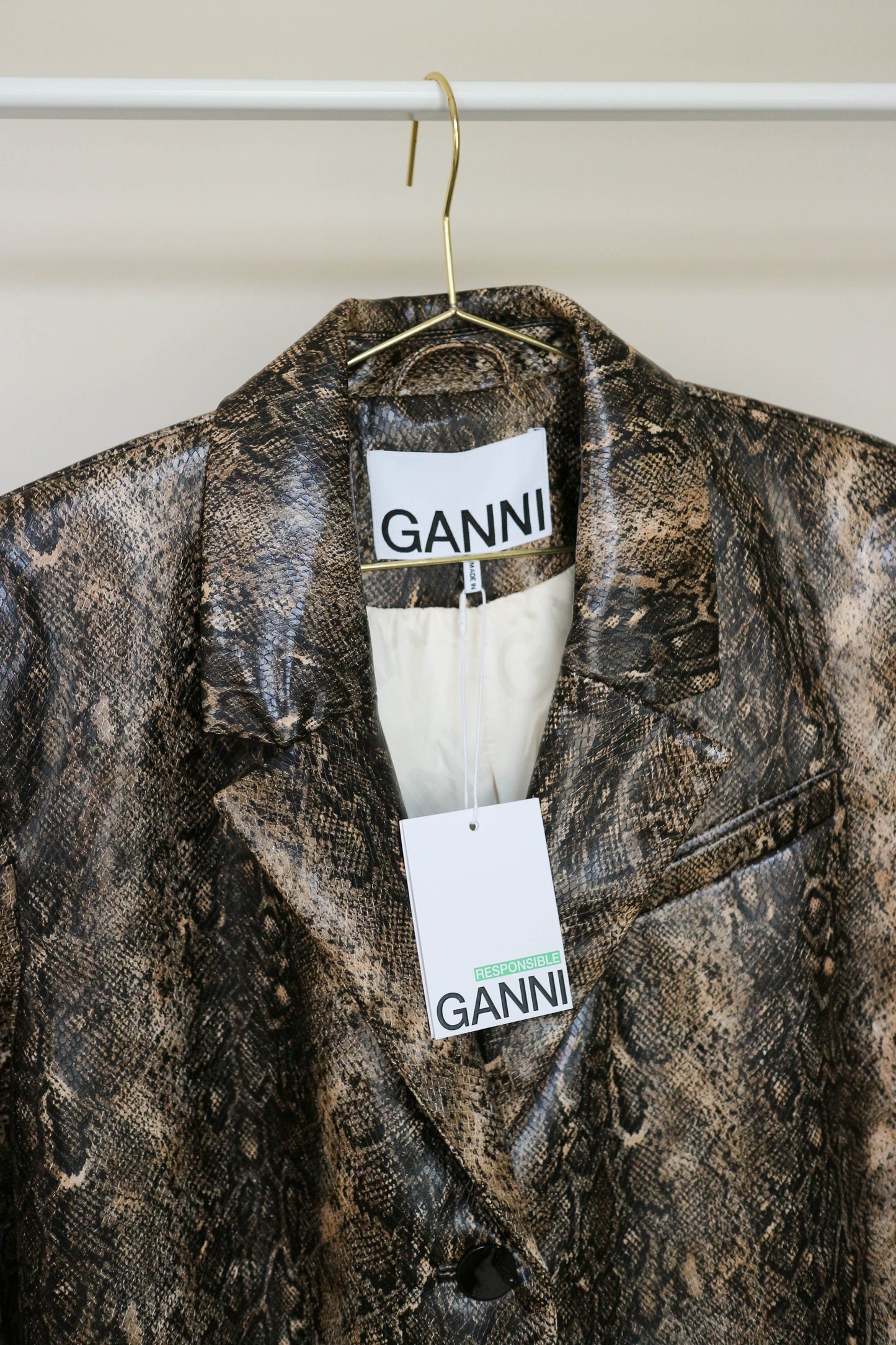 GANNI Snake Print Coat Brown