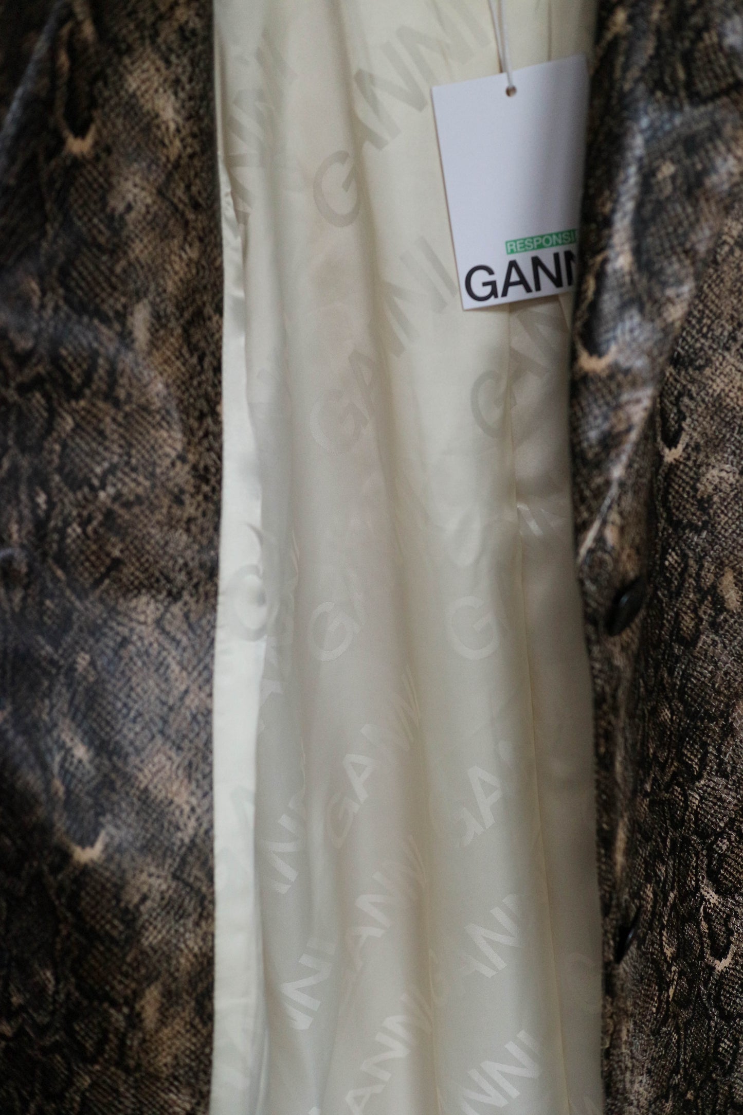 GANNI Snake Print Coat Brown