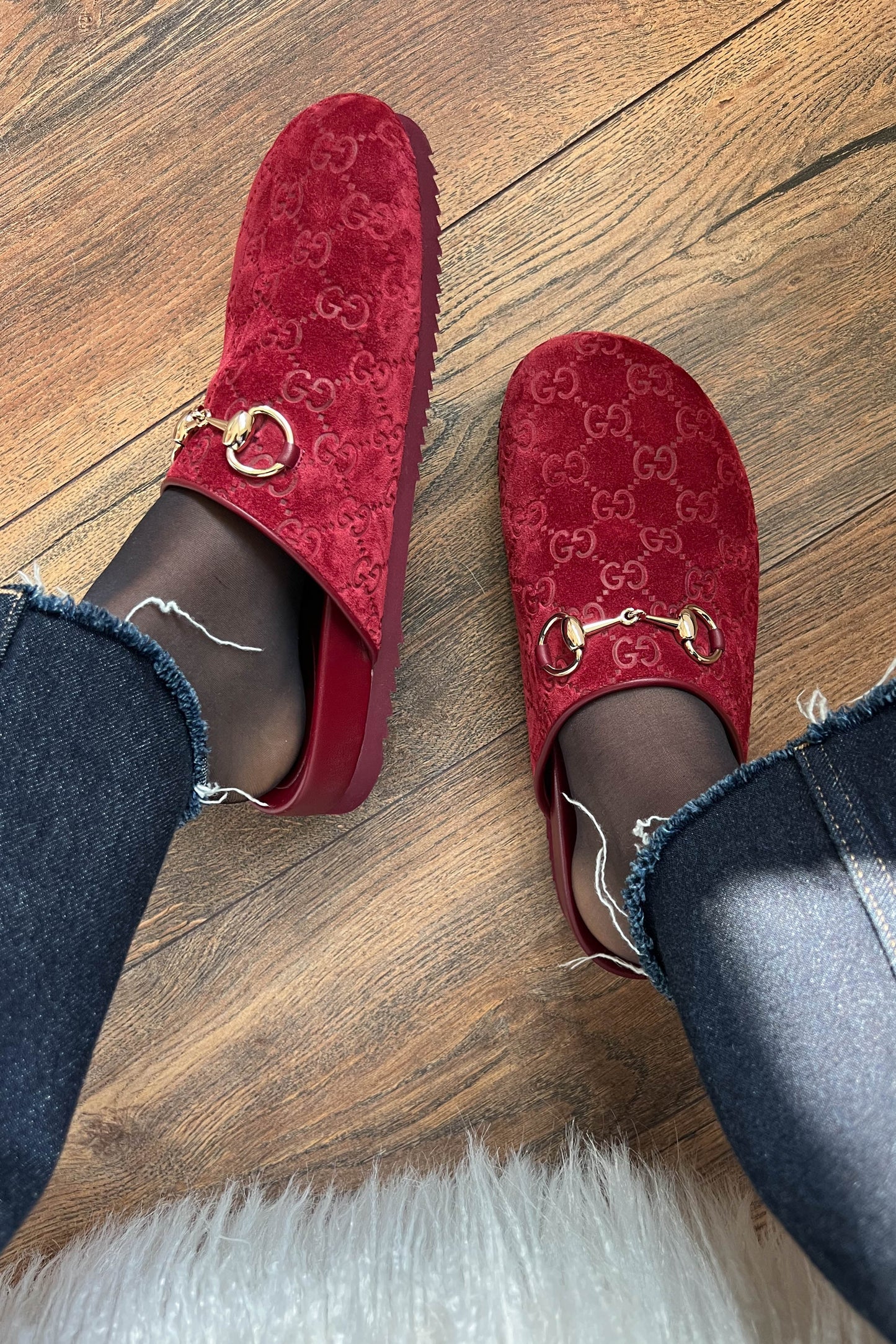 Gucci Horsebit Suede Mules Burgundy