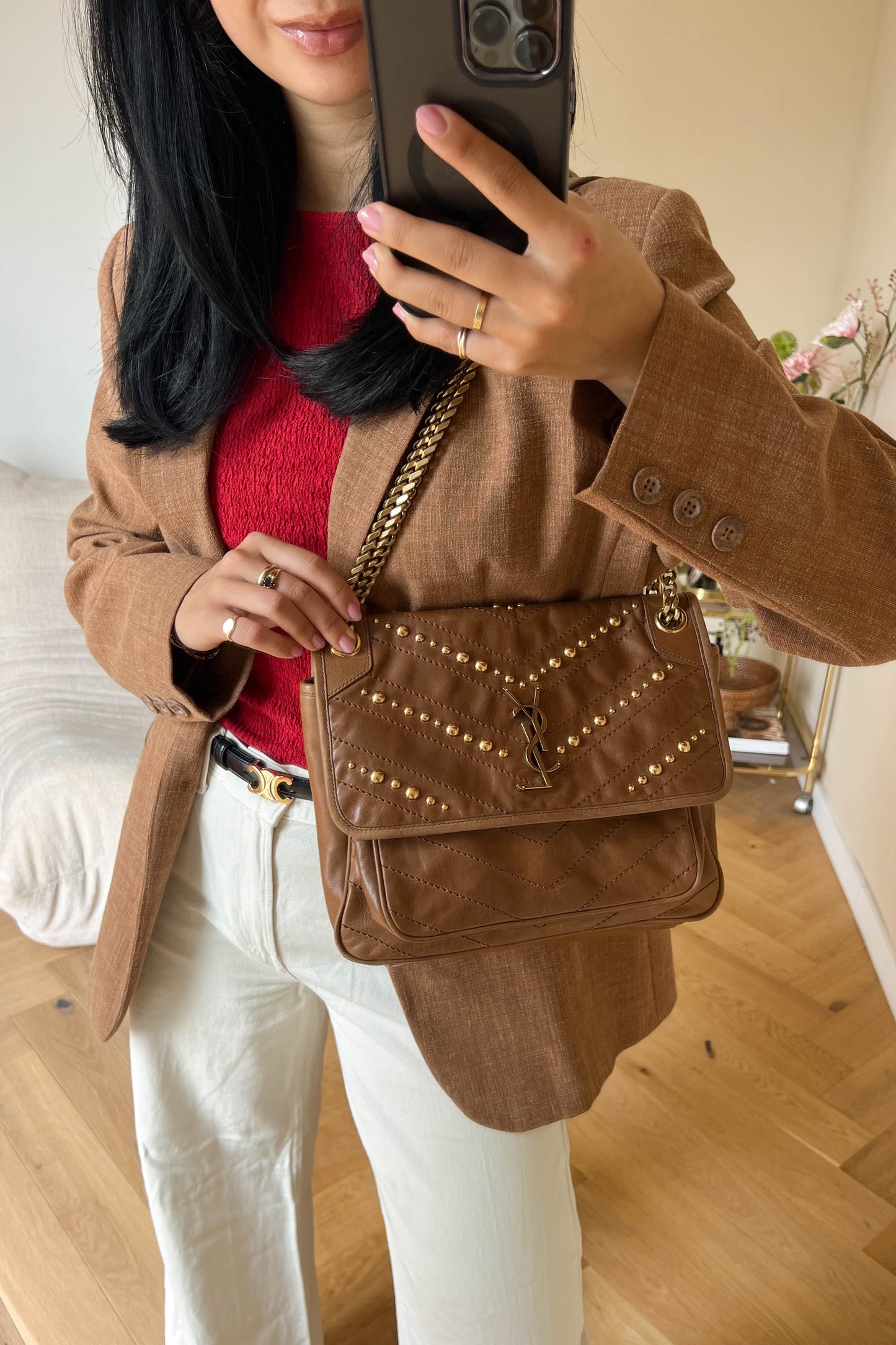 Saint Laurent Niki Studded Shoulder Bag Brown