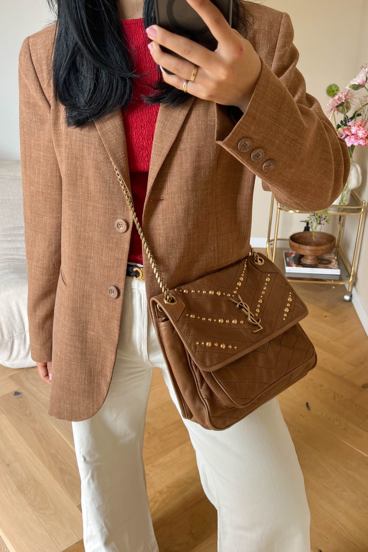 Saint Laurent Niki Studded Shoulder Bag Brown