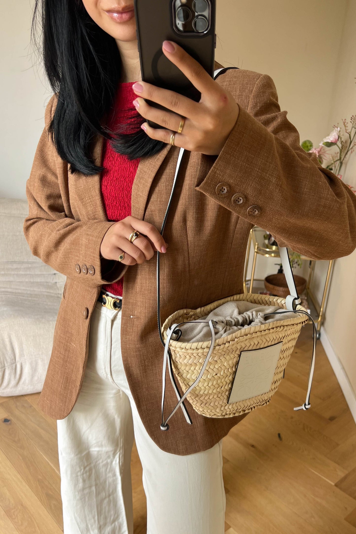 LOEWE Logo Raffia Shoulder Bag White