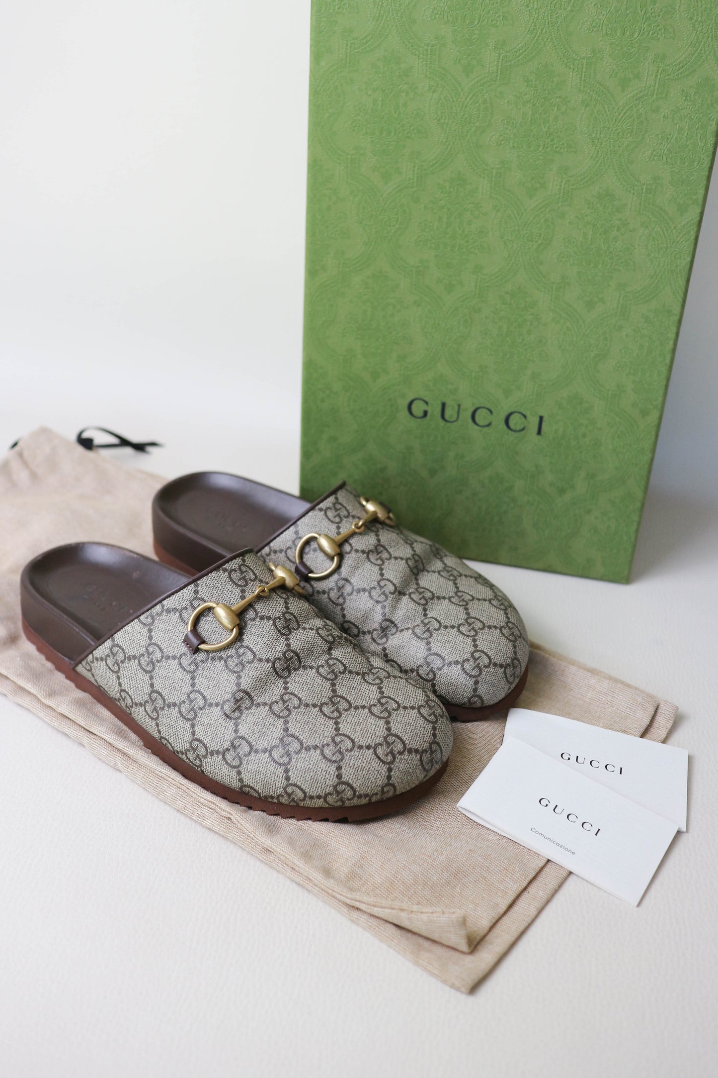 Gucci Horsebit Monogram Canvas Mules Beige
