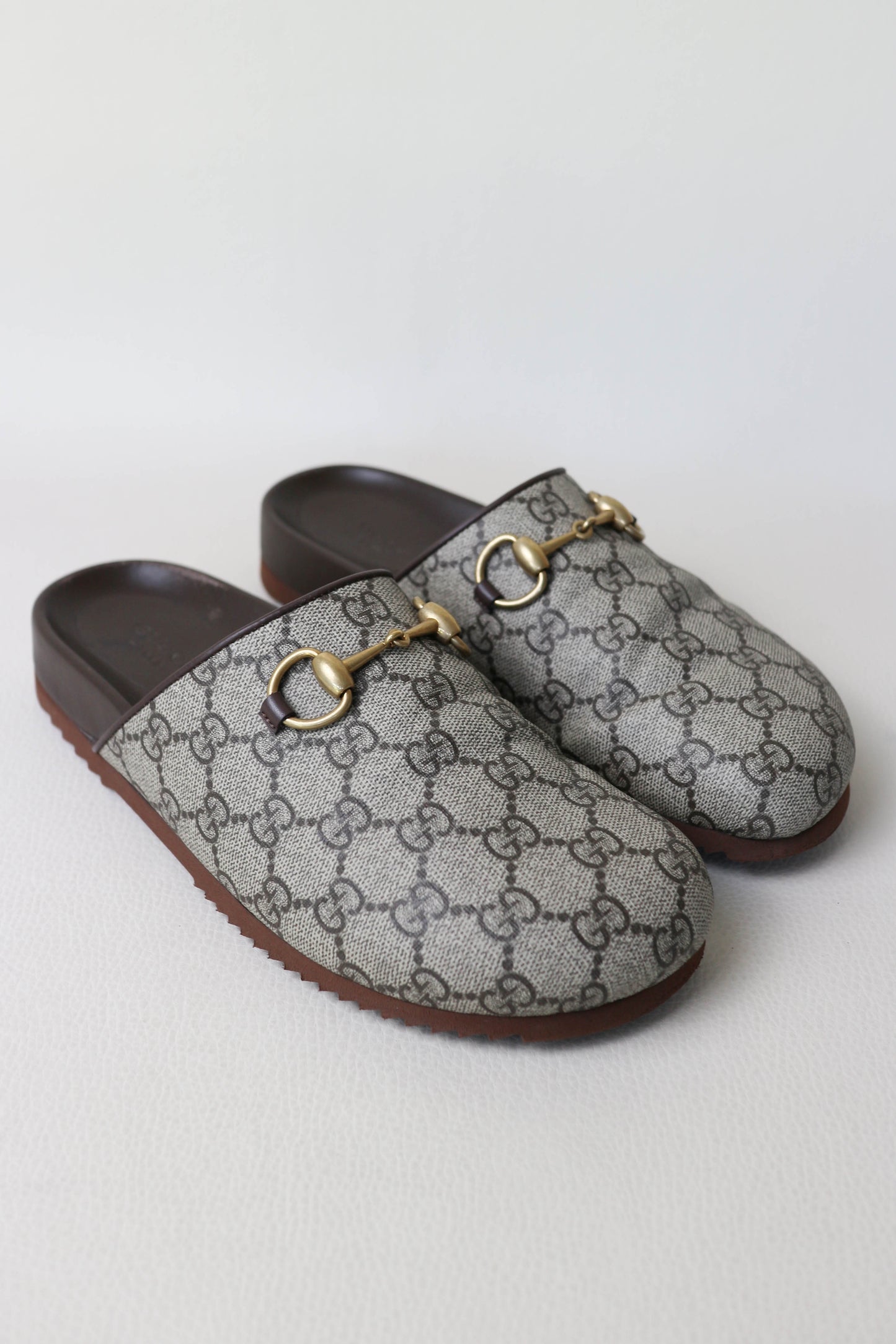 Gucci Horsebit Monogram Canvas Mules Beige