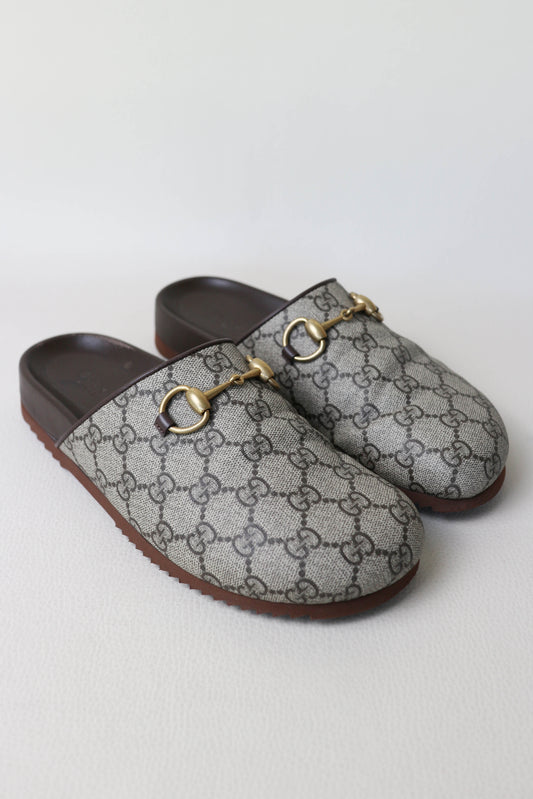 Gucci Horsebit Monogram Canvas Mules Beige