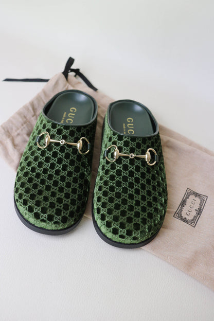 Gucci Horsebit Velvet Monogram Mules Green