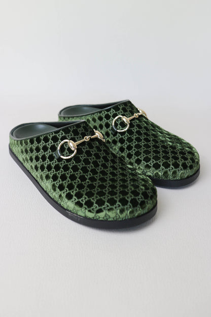Gucci Horsebit Velvet Monogram Mules Green
