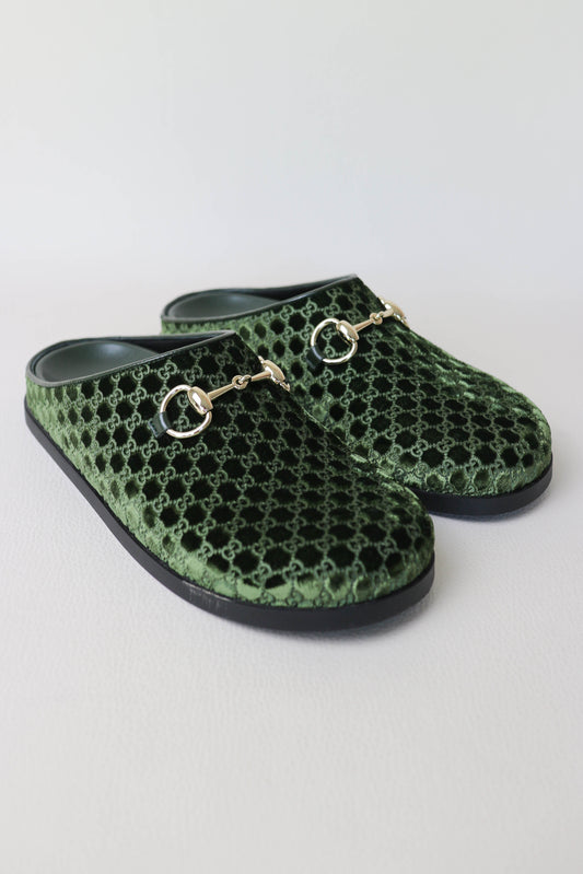 Gucci Horsebit Velvet Monogram Mules Green