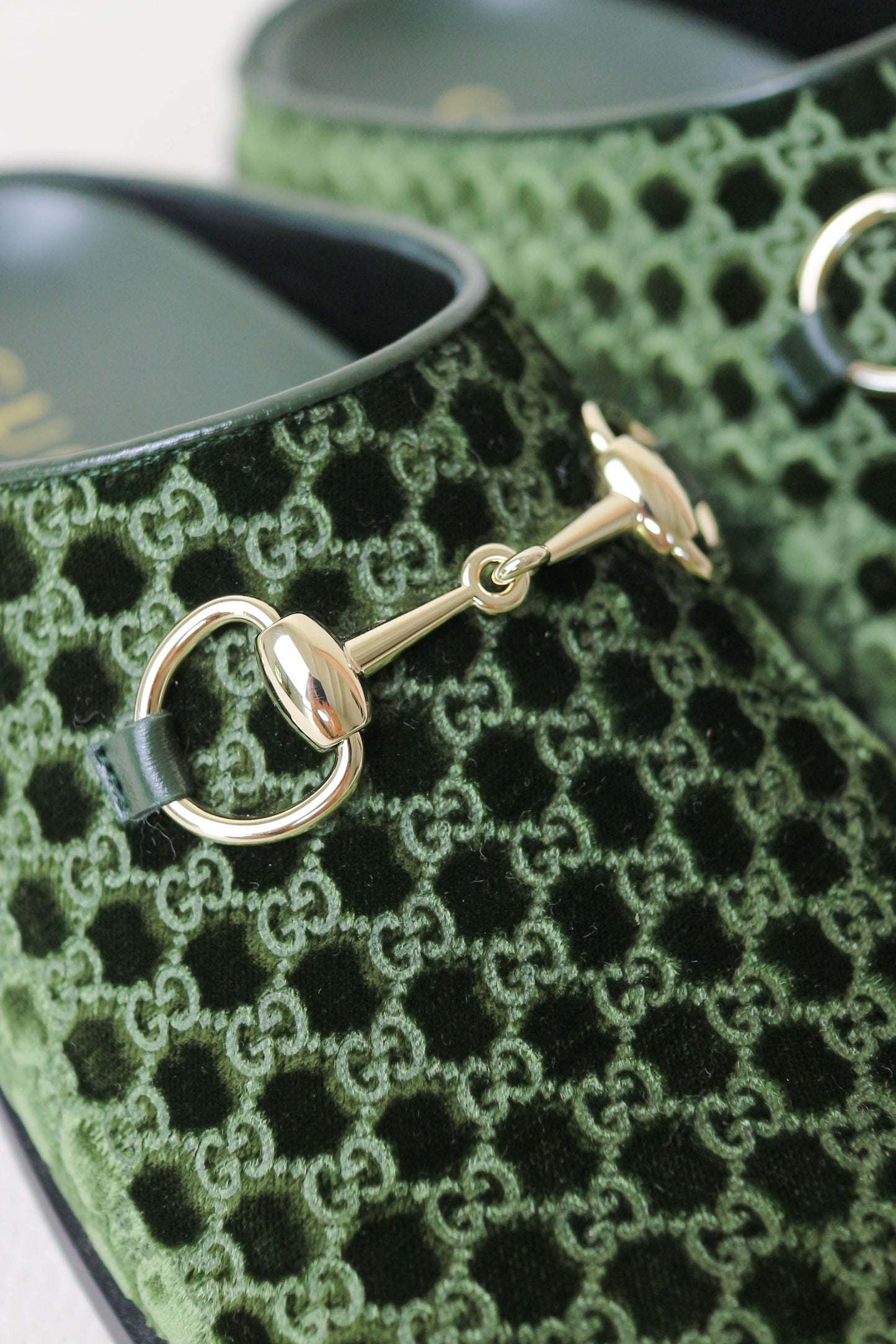 Gucci Horsebit Velvet Monogram Mules Green