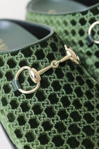 Gucci Horsebit Velvet Monogram Mules Green