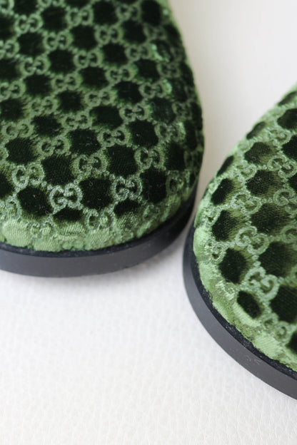 Gucci Horsebit Velvet Monogram Mules Green