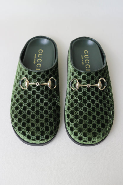 Gucci Horsebit Velvet Monogram Mules Green