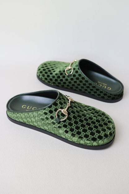 Gucci Horsebit Velvet Monogram Mules Green