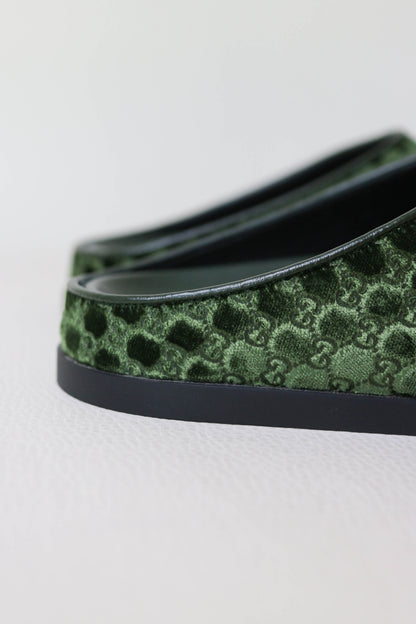 Gucci Horsebit Velvet Monogram Mules Green