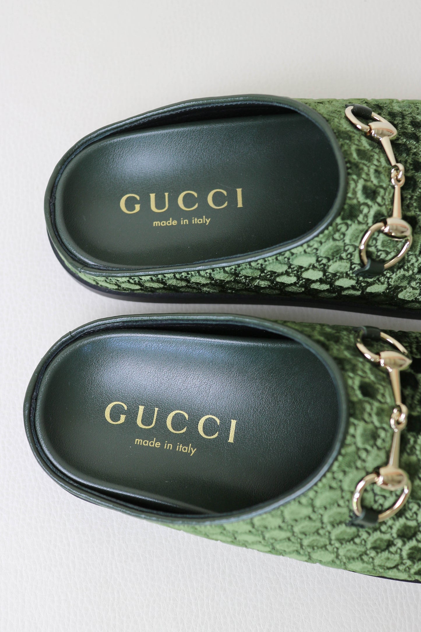 Gucci Horsebit Velvet Monogram Mules Green
