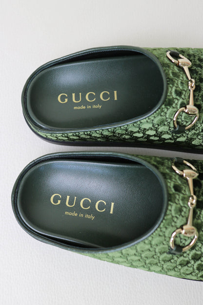 Gucci Horsebit Velvet Monogram Mules Green
