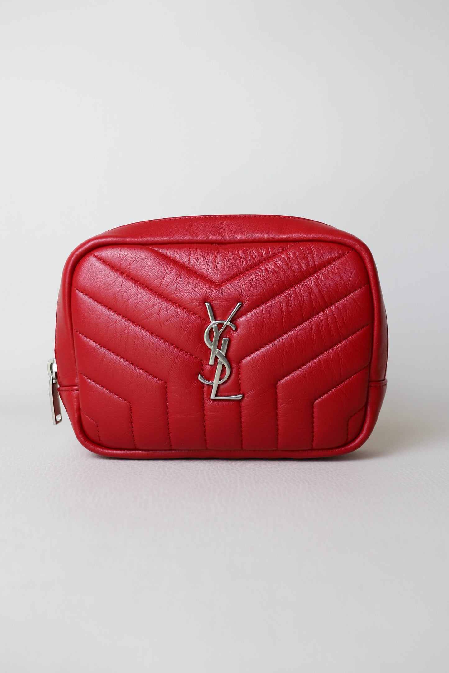 Saint Laurent Logo Leather Toiletry Pouch Red