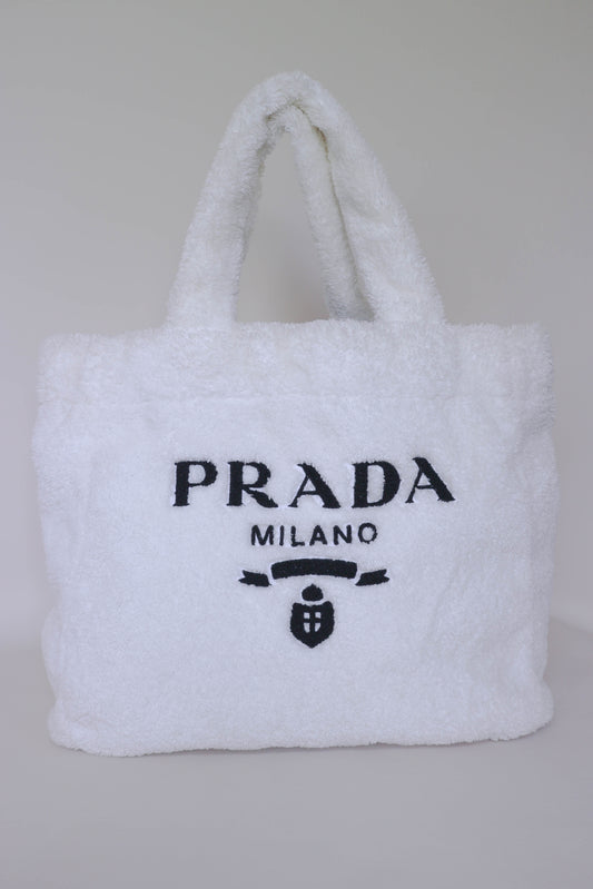 Prada Terry Cloth Logo Tote Bag White