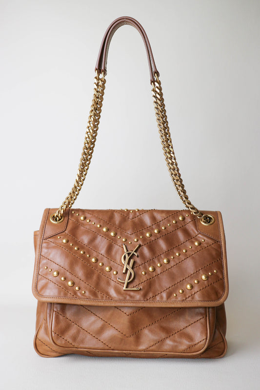Saint Laurent Niki Studded Shoulder Bag Brown