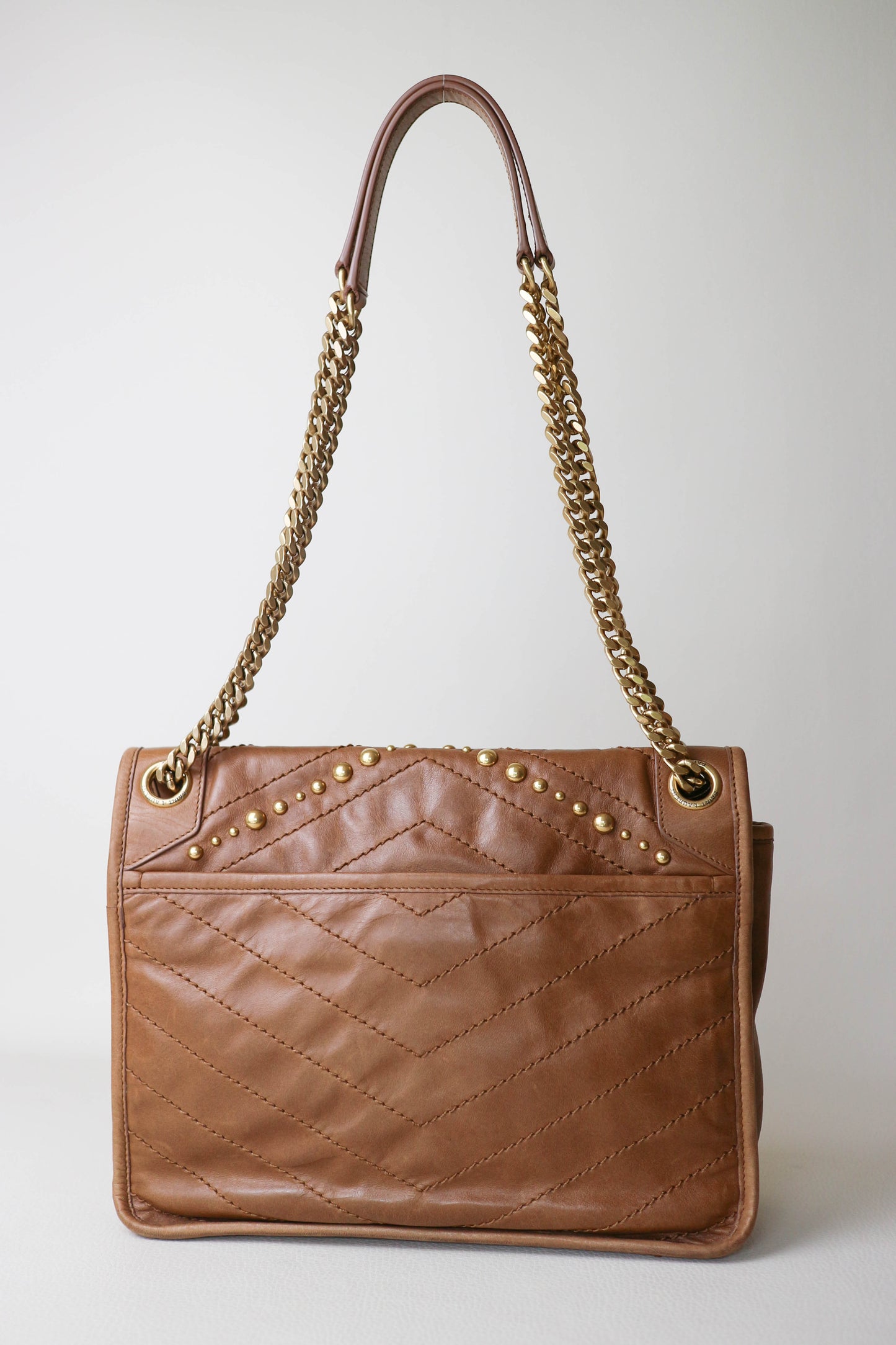 Saint Laurent Niki Studded Shoulder Bag Brown