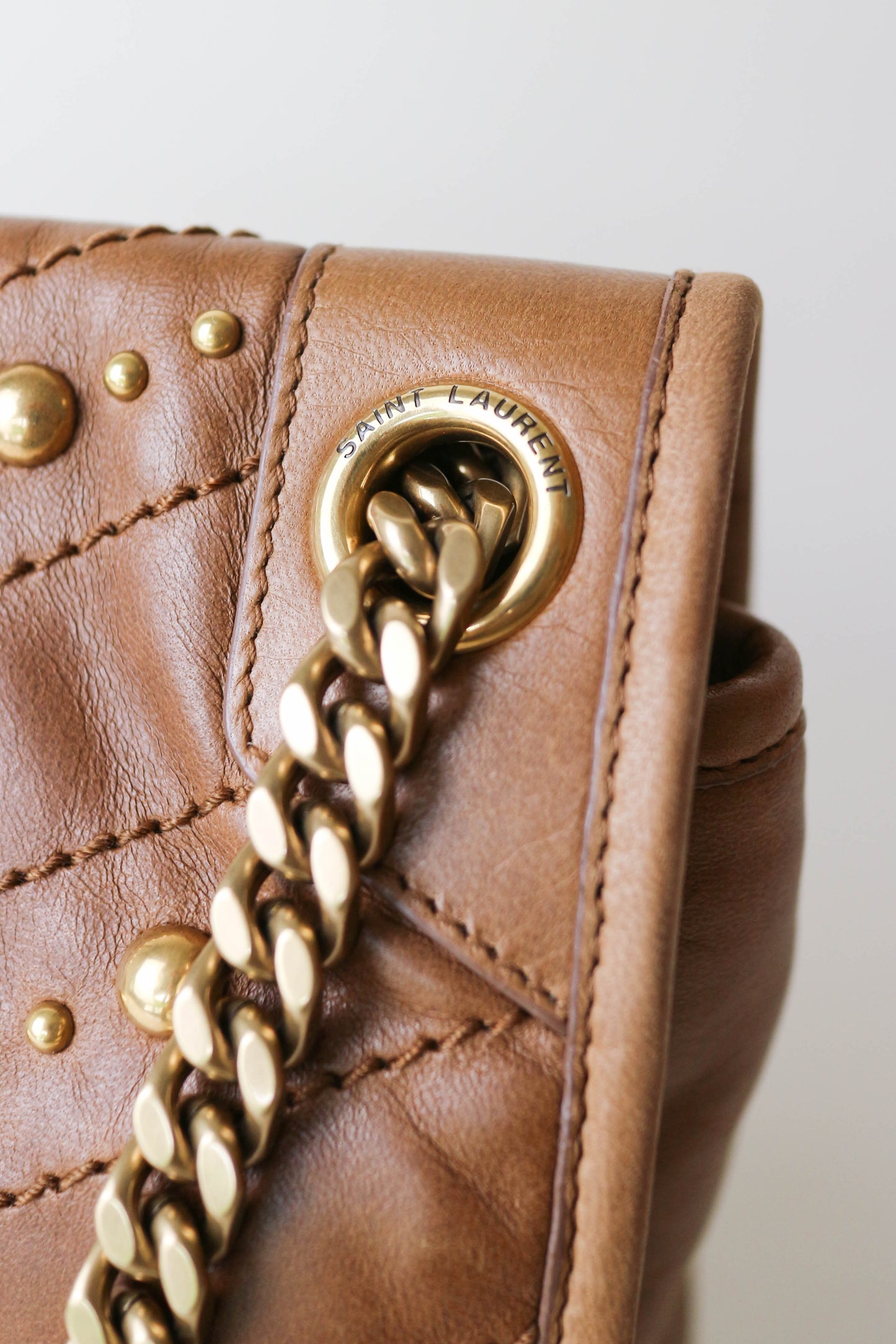 Saint Laurent Niki Studded Shoulder Bag Brown