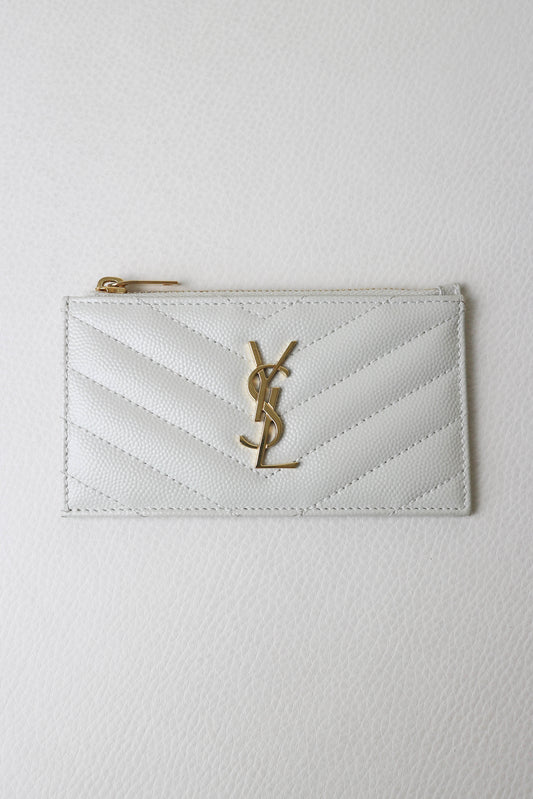 Saint Laurent Cassandre Logo Zip Card Holder White