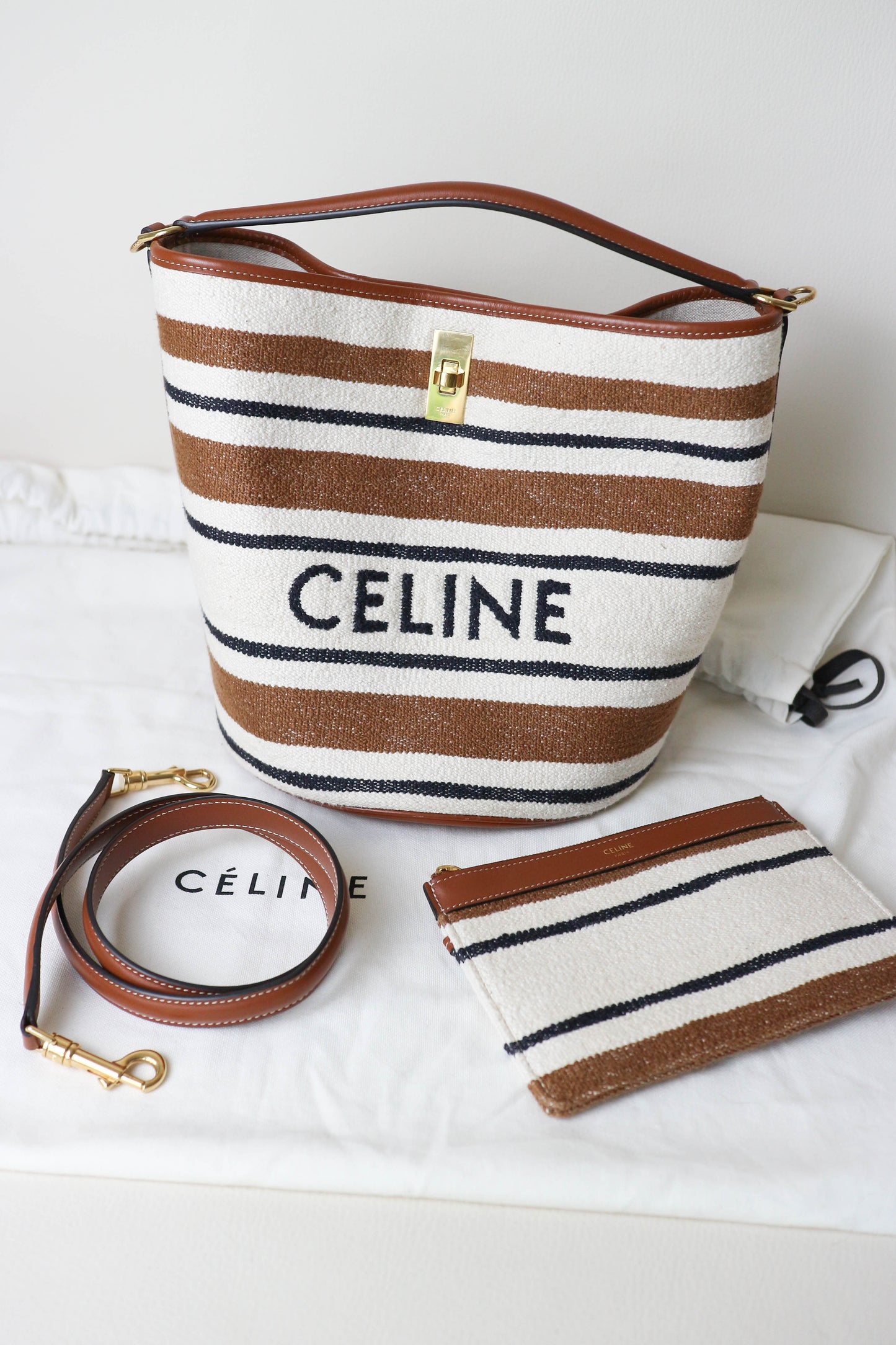 CELINE Canvas Striped Bucket Bag Brown