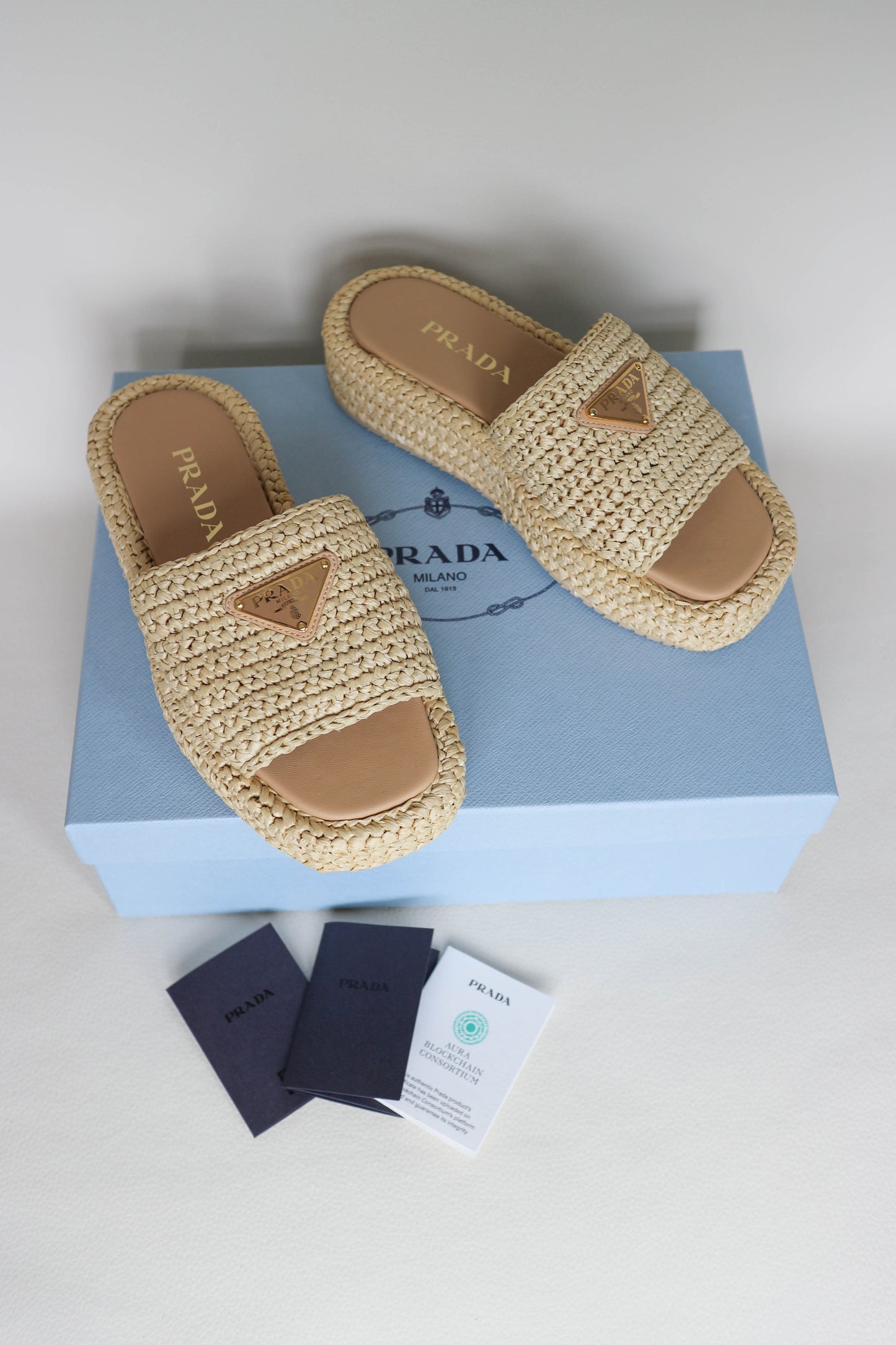 Prada Logo Raffia Platform Sandals