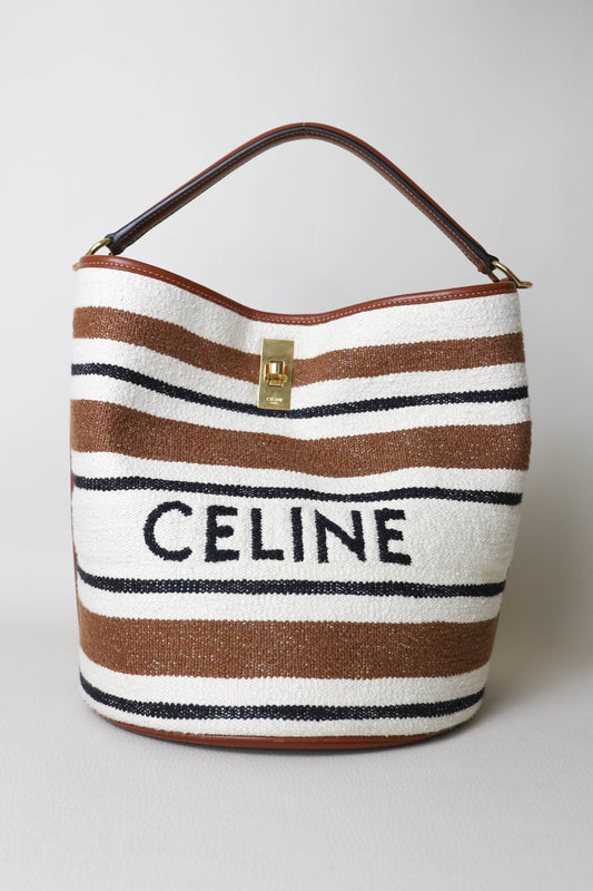CELINE Canvas Striped Bucket Bag Brown