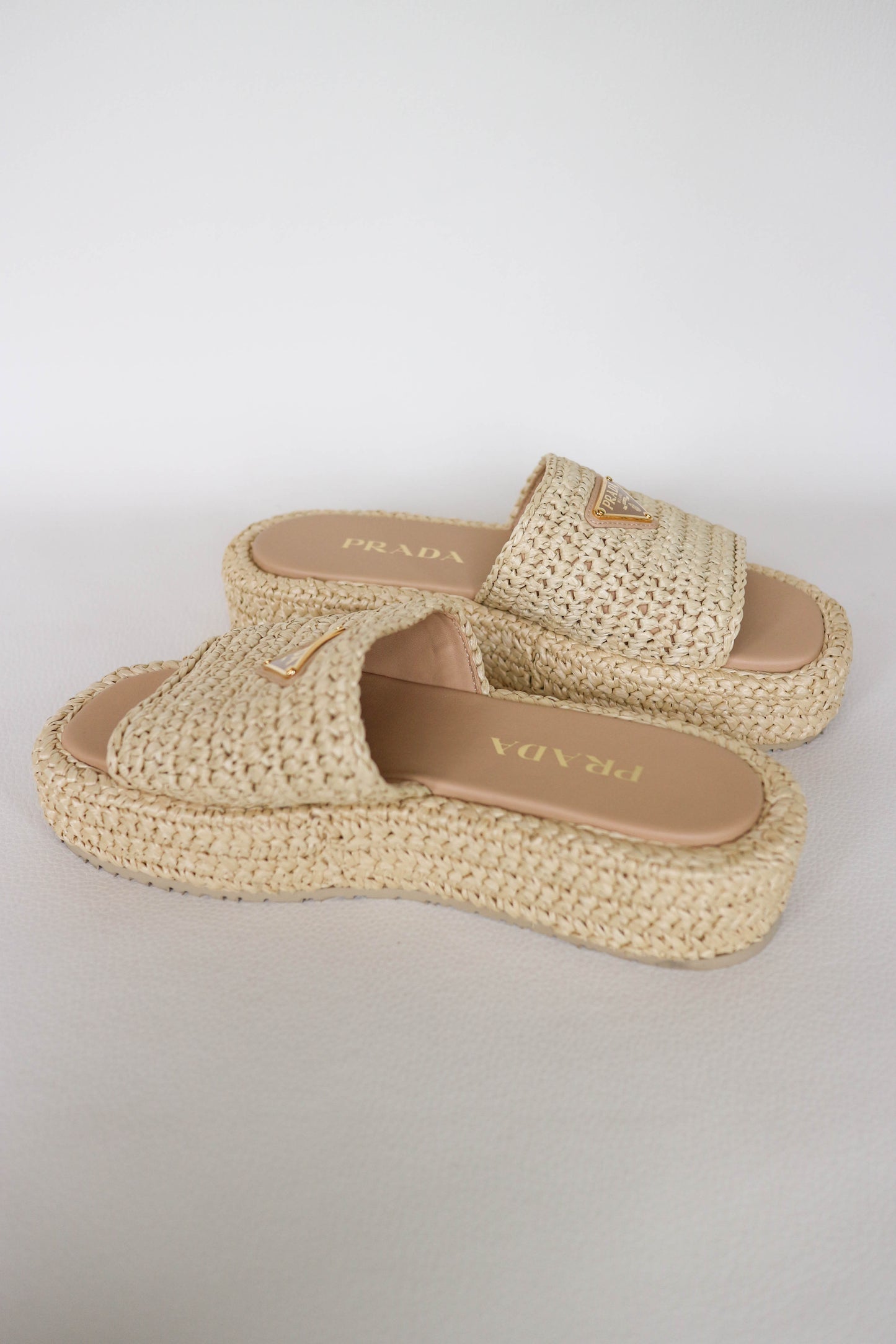 Prada Logo Raffia Platform Sandals