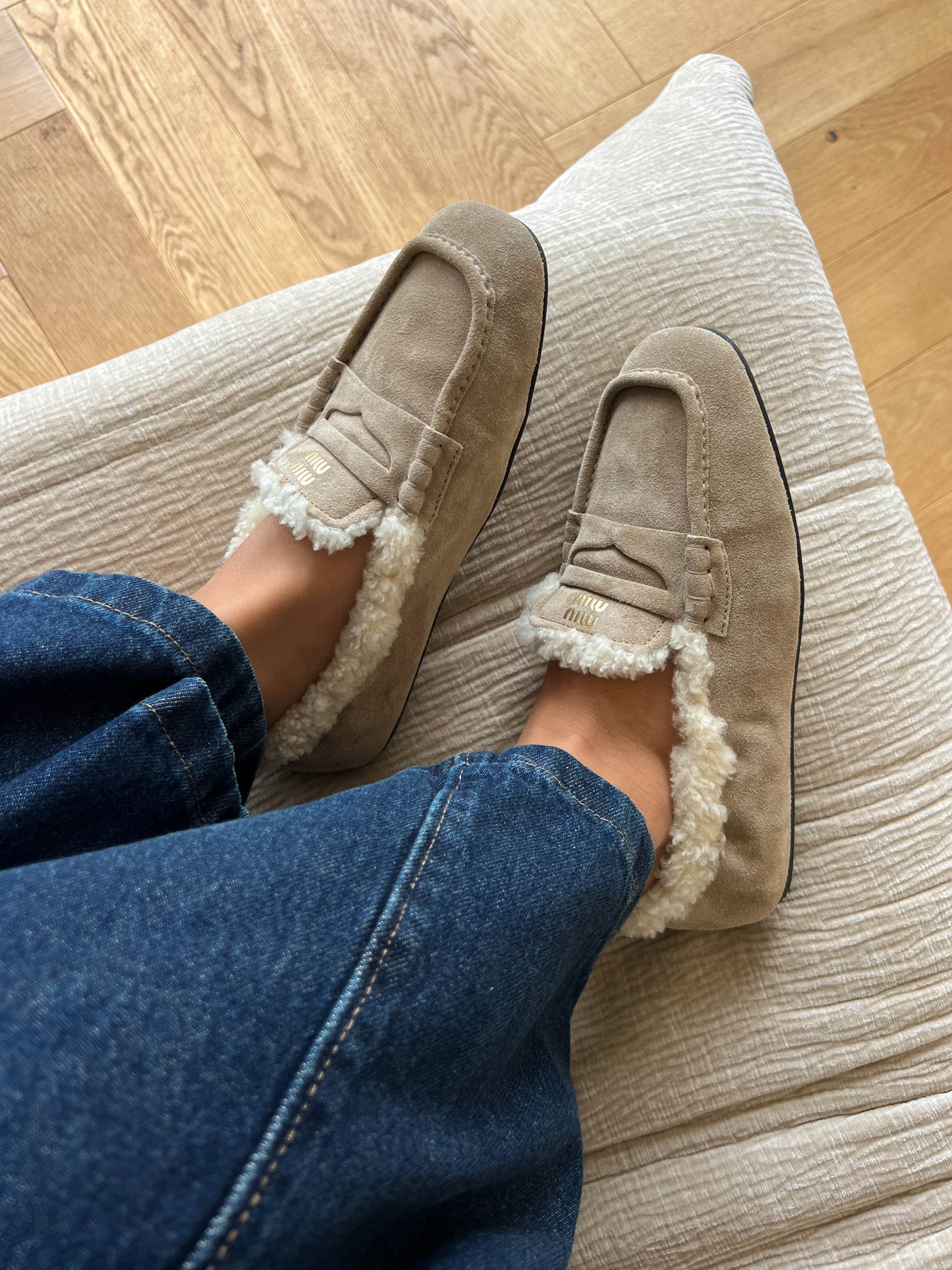 Miu Miu Logo Shearling Loafers Suede Beige