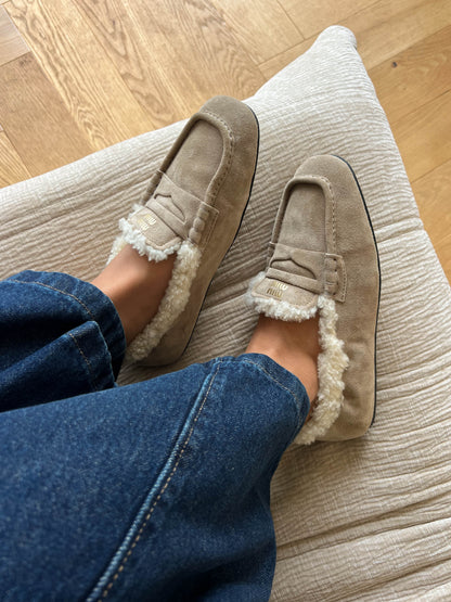 Miu Miu Logo Shearling Loafers Suede Beige