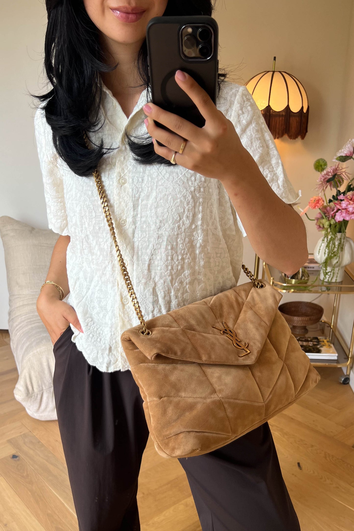 Saint Laurent Loulou Puffer Shoulder Bag Suede Brown
