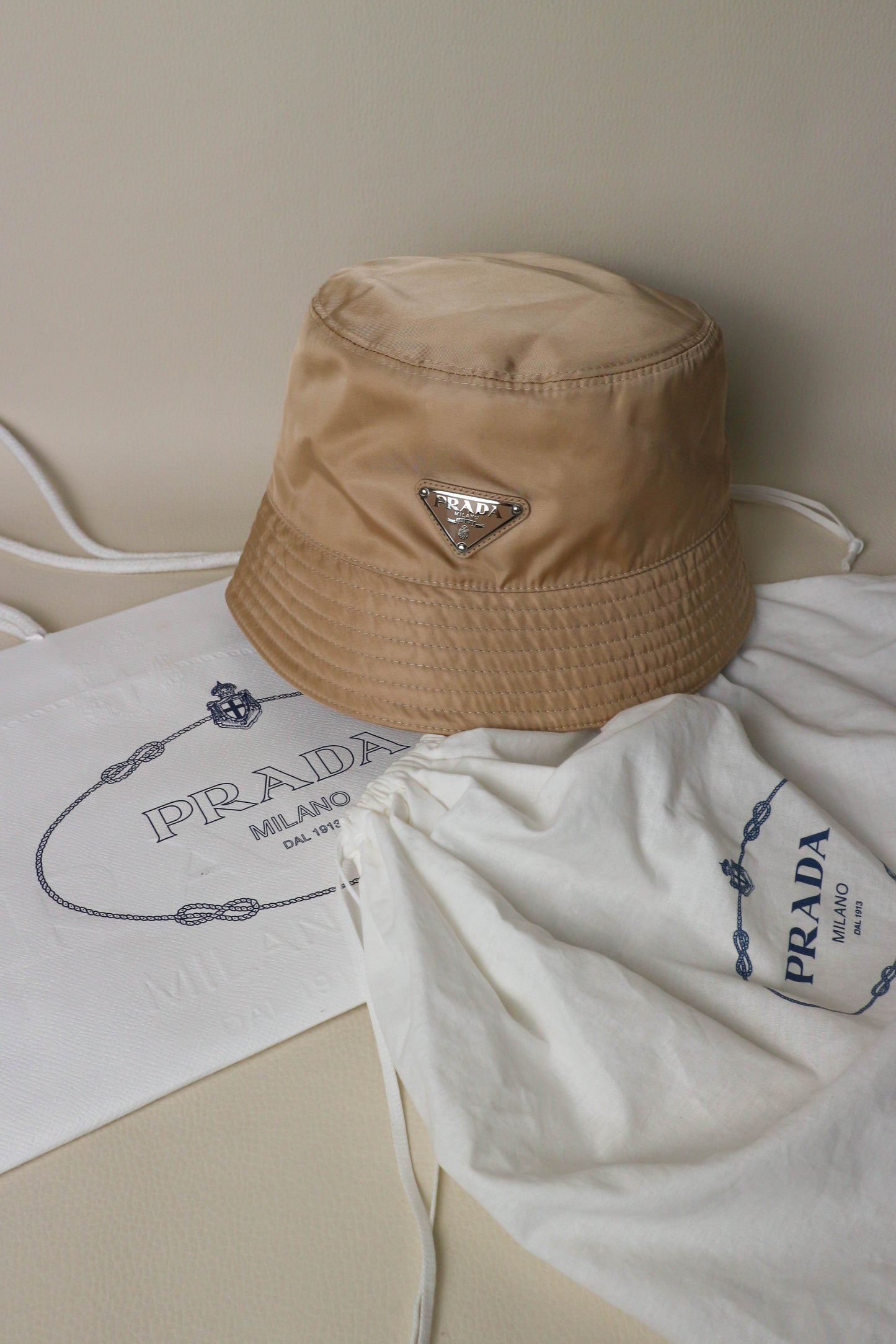 Prada Nylon Bucket Hat Beige