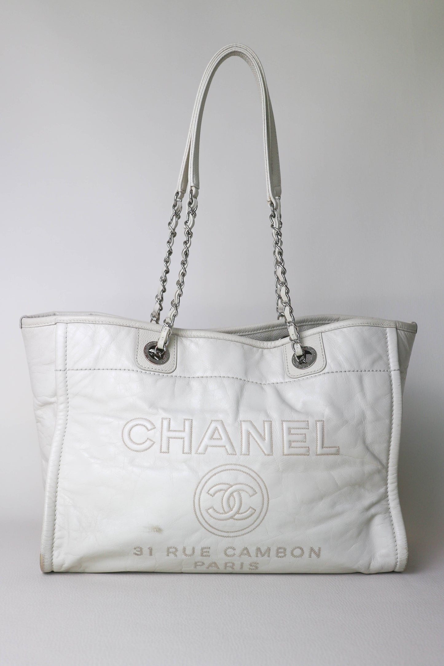 CHANEL Deauville Leather Tote Bag White
