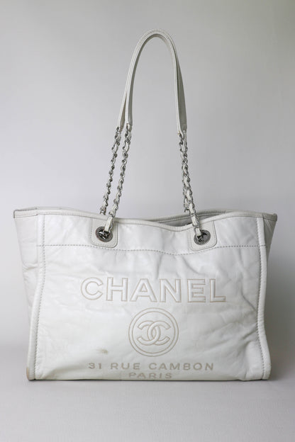CHANEL Deauville Leather Tote Bag White