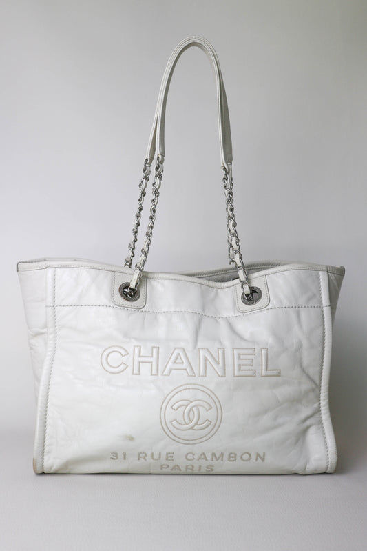 CHANEL Deauville Leather Tote Bag White
