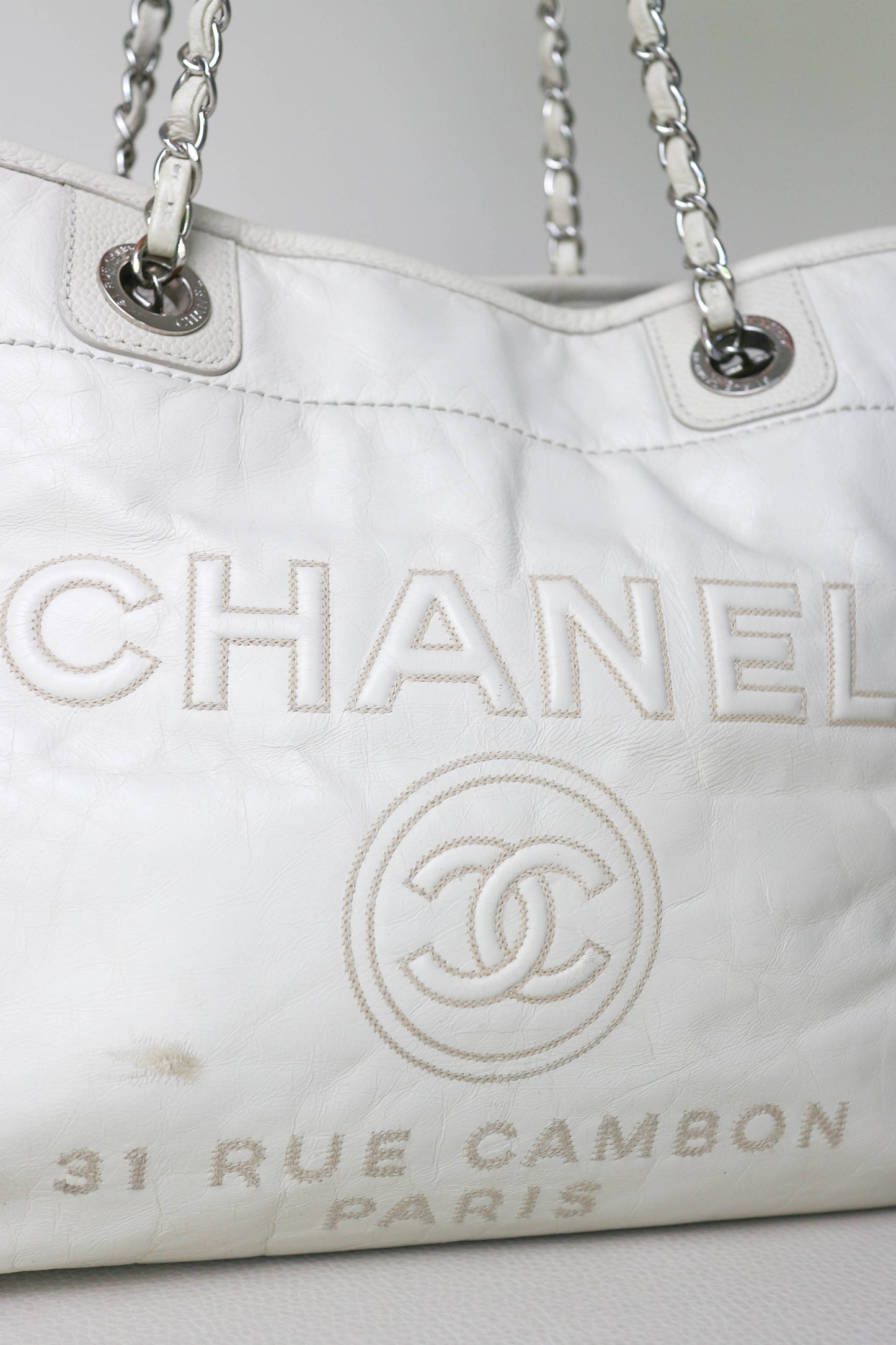 CHANEL Deauville Leather Tote Bag White