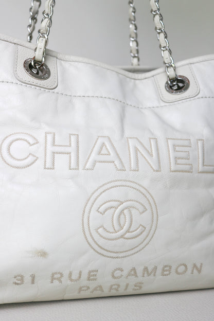 CHANEL Deauville Leather Tote Bag White